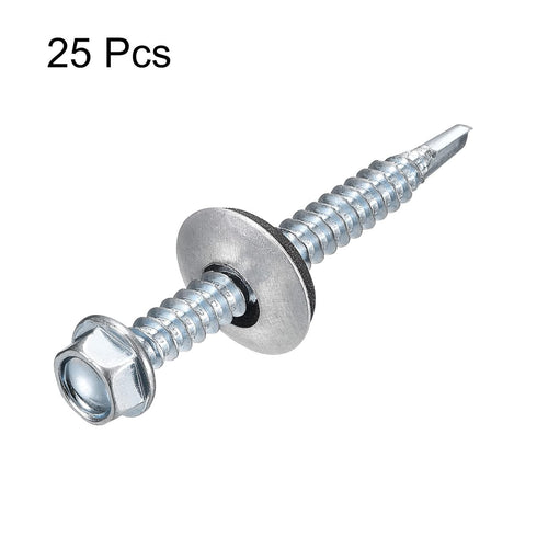 uxcell #12 x 2" Self Drilling Screws with Rubber Washer, 25pcs Zinc Plated Steel Roofing Screws