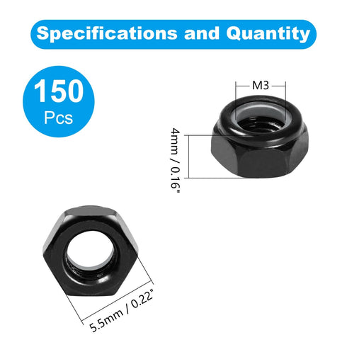 Yinpecly 150Pcs M3 0.5mm M3 x Nylon Insert Hex Lock Nuts Carbon Steel Zinc Plated Locknuts Self-Locking Nut Metric