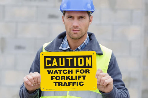 Accuform "Caution Watch for Forklift Traffic" Safety Sign, Plastic, 7 x 10 Inches