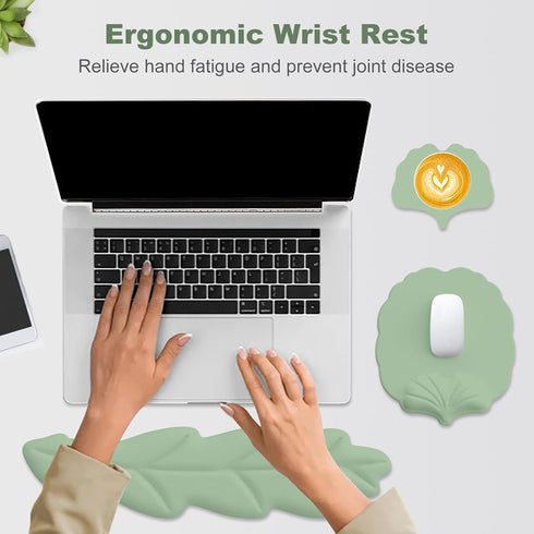 Set, Keyboard Wrist Rest and Mouse Pad with Wrist Support Ergonomic Leaf Shape Mouse Pad with Non-Slip Base, Pain