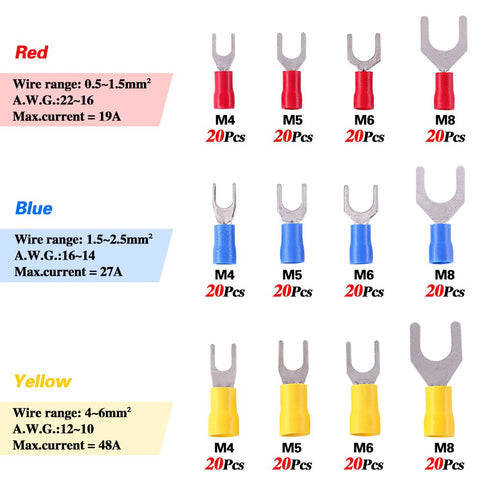 Glarks 240pcs 22-16/16-14/12-10 Gauge Fork Spade Quick Splice Crimp Terminals Connectors Assortment Kit