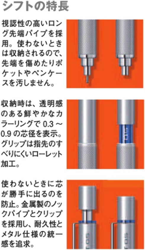Uni Shift Pipe Lock Drafting Pencil, 0.5mm, Silver Body with Blue Accent