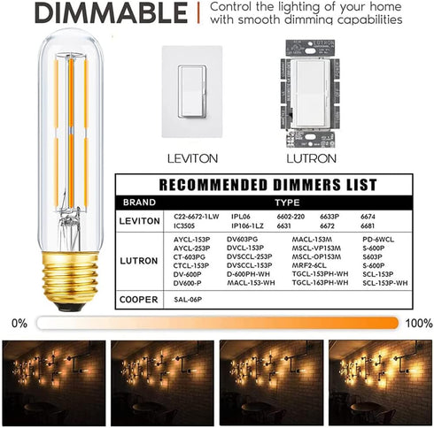 Leools T10 Led Bulb, 6 Pack - Dimmable 6W LED Tubular Bulbs, E26, Warm White 2700K
