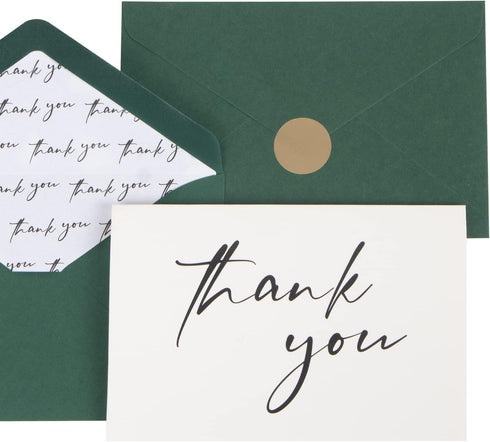 AZAZA 50 PK Thank You Cards with Envelopes,Green Envelopes and Gold Stickers