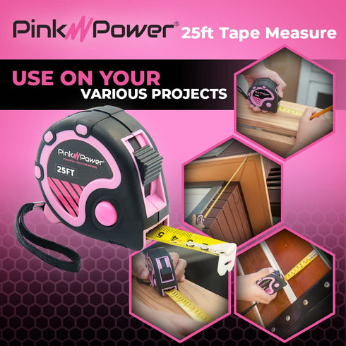 Pink Power 25ft Tape Measure - Lightweight Measuring Tape for Women's Tool Kit with Retractable Blade and Lock