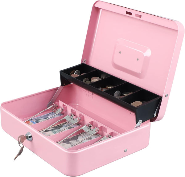 xydled Cash Box with Money Tray and Key Lock,Tiered, Cantilever Design,4 Bill