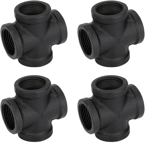 Home Expert 4 Pack 1" Black Pipe Fittings 4-Way Cross Fitting, Malleable Cast Iron Connector for Industrial Pipe Shelves