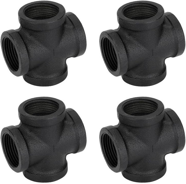 1" Black Pipe Fittings 4-Way Cross Fitting, Home Expert 10 Pack Malleable Cast Iron Connector for Industrial Pipe