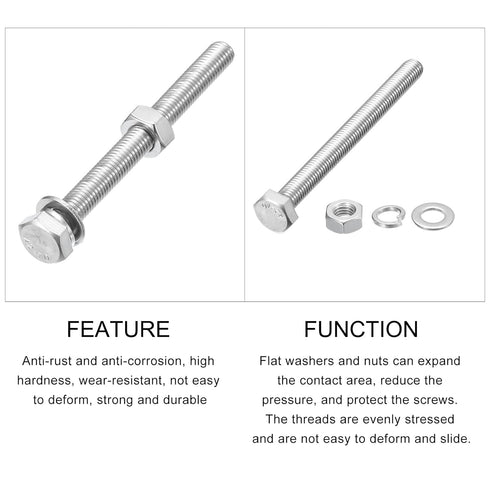 Hex Head Screws Bolts, Nuts, Flat & Lock Washers Kits (M10-1.5x110mm) 6 Set, Stainless Steel Machine Screws for Home