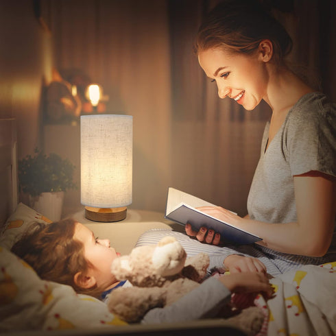 Small Bedside Night Table Lamp for Bedroom, Minimalist Nightstand Lamp with Round Fabric Linen Shade for Kids Room