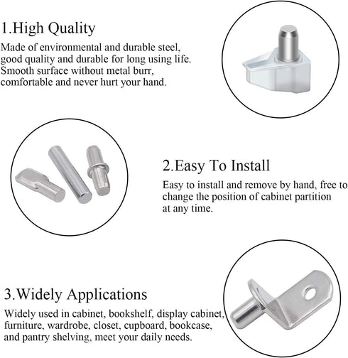 DYWISHKEY 5 100PCS Styles Shelf Pins Kit, Nickel Plated Shelf Bracket Pegs Cabinet Furniture Shelf Pins Support