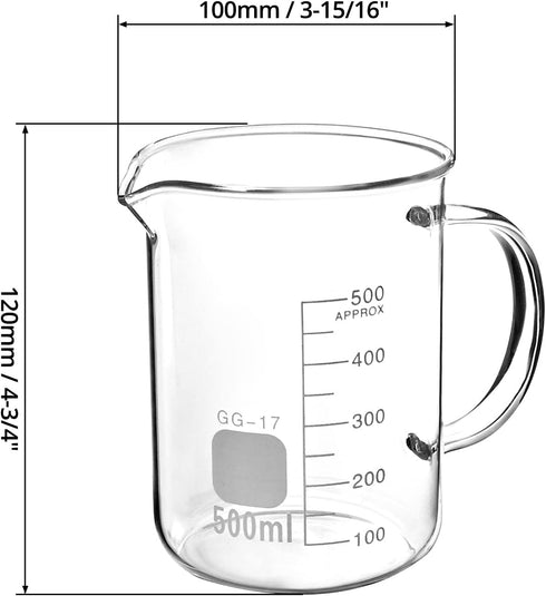 QWORK Beaker with Handle, 500ml Measuring Cup, Borosilicate Glass, 2 Pack