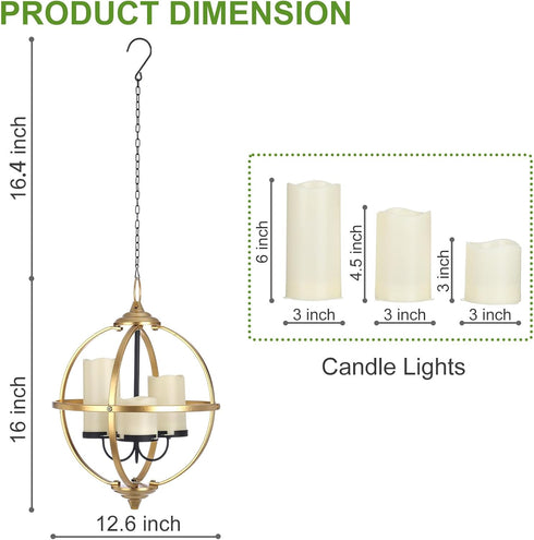 SUNNYPARK 3 12.6" Battery Operated Outdoor Candle Chandelier - Gold and Black Metal Globe Hanging Pendant Light