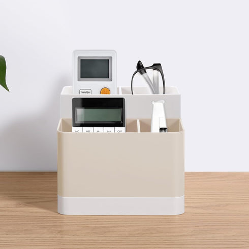 Poeland Desktop Storage Organizer Pencil Card Holder Box for Desk, Office Supplies, Vanity Table Tan