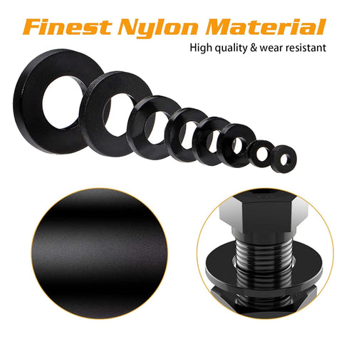 500Pcs Nylon Flat Washer Assortment Set, 8 Sizes - M2, M2.5, M3, M4, M5, M6, M8, M10 (Black)