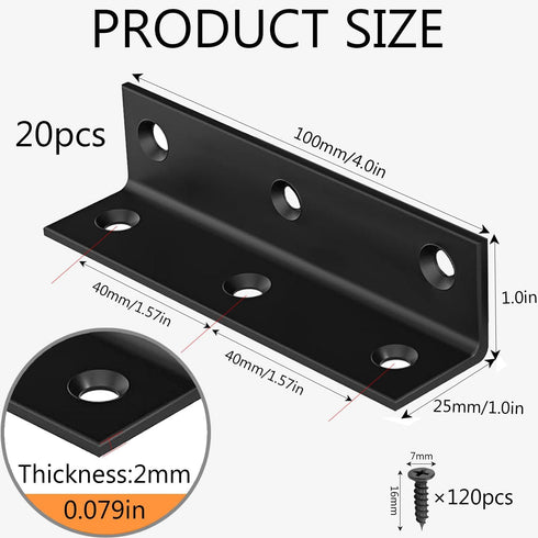 LOSYHU 20 3.94 0.98 100 MM 4 Inch PCS Black Steel Corner Brackets x L Shaped Metal Angle Bracket with Screws, Heavy
