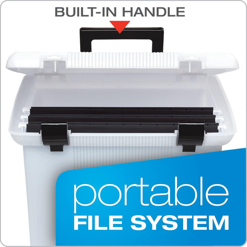 Pendaflex Portable File Box, Frosted White with Hinged Lid and 3 Black Letter Size Hanging Folders Included