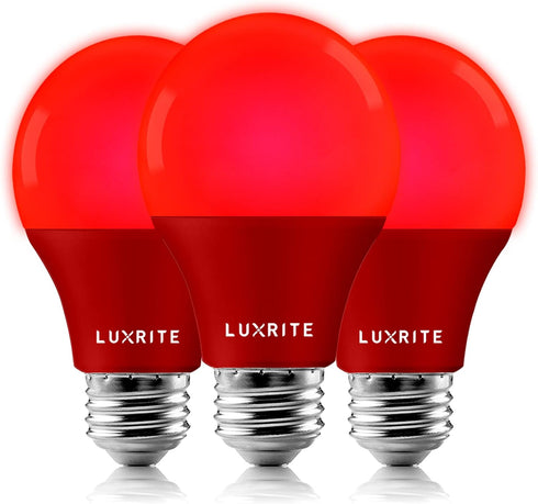 LUXRITE A19 LED Red Light Bulbs, 60W Equivalent, Non-Dimmable, E26 Base, Indoor Outdoor, 3 Pack