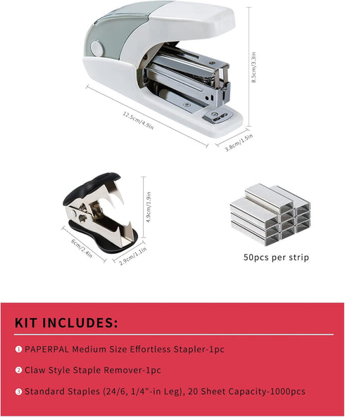 Effortless Standard Stapler Set, 20 Sheet Capacity, Half Strip, Built-in Staples Storage, Holds 1/4" Staples, includes 1000 Staples and A Staple Remover, Office, School & Personal Use, White by PAPERPAL