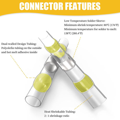 200PCS Solder Seal Wire Connectors Yellow, 12-10 AWG Self Soldering Heat Shrink Wire Connectors Marine Grade Waterproof Insulated Electrical Butt Splice Wire Terminals for Automotive Boat Truck