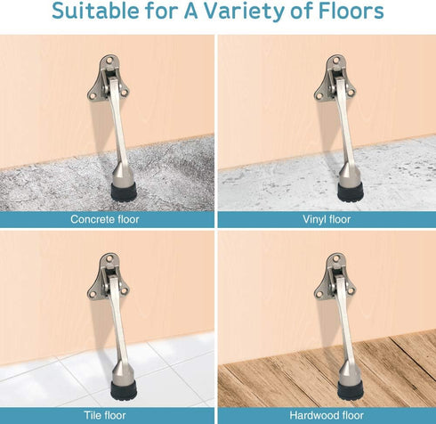 Door Stopper, Adjustable Kick Down Stops for Heavy Doors, Rubber Tip & Spring Lever, 4-Inch, Satin Nickel (2 Pack)