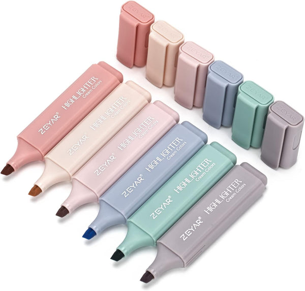 ZEYAR Cream Colors Highlighter Pen, Aesthetic Chisel Tip Marker, Water Based, Quick Dry, No Bleed, 6 Youth Colors