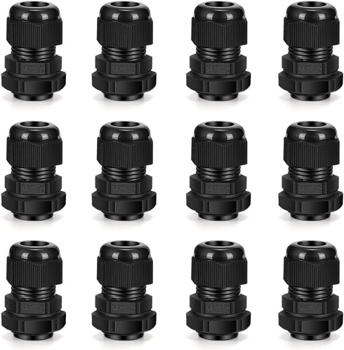Cable Gland 12 Pack, 1/2" NPT Waterproof Adjustable Connector Strain Relief Cord Connectors with Gaskets