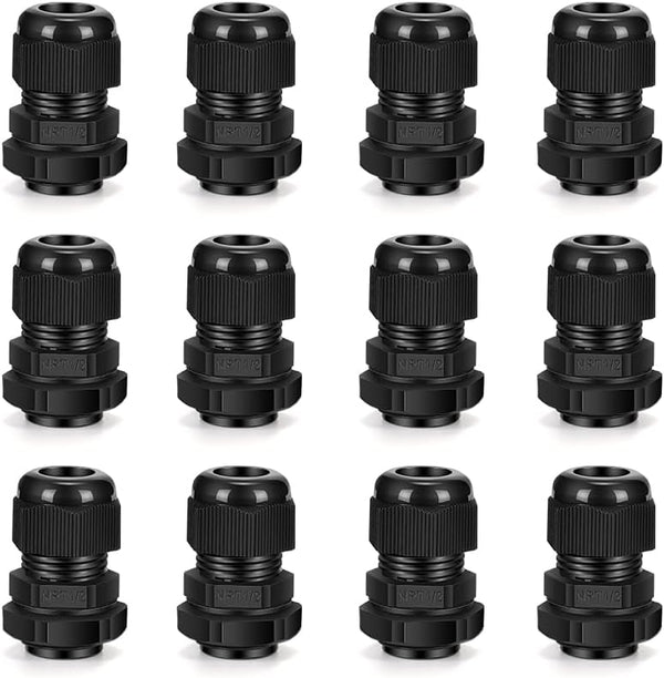 Cable Gland 12 Pack, 1/2" NPT Waterproof Adjustable Connector Strain Relief Cord Connectors with Gaskets