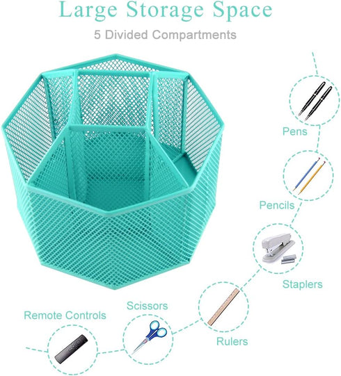 Rotating Pencil Holder, 360 Degree Pen Caddy with 5 Compartments, Mesh Desktop Organizer for Home and Office