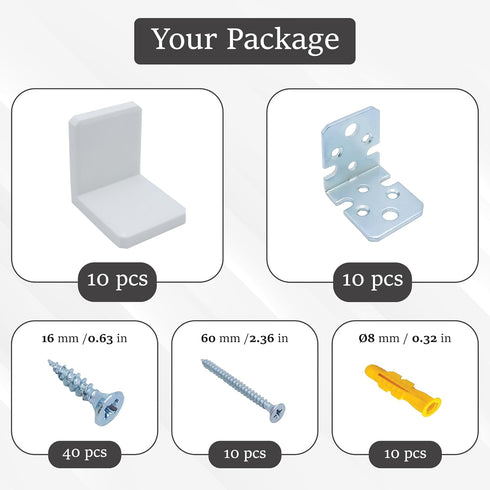 MR.BRACKET Pack 10, MR BRACKET L Bracket, White Shelf Brackets of Heavy Duty Cabinet Hanging Brackets, Plastic Cover