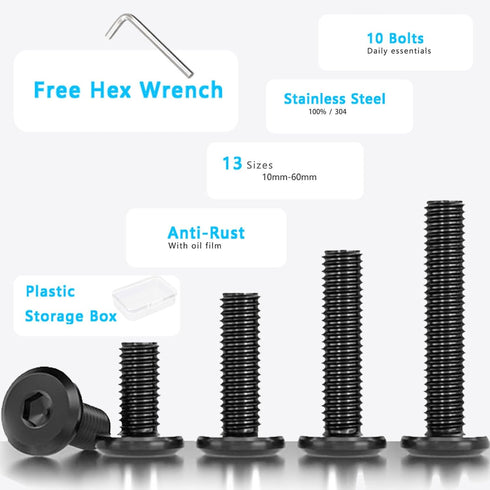 WYLWLS M6 55mm 10 Set 1 (55 mm) x Bolt, Pcs Per with Hex Spanner, Flat Head Hex Socket Cap Bolts, Alloy Steel Black