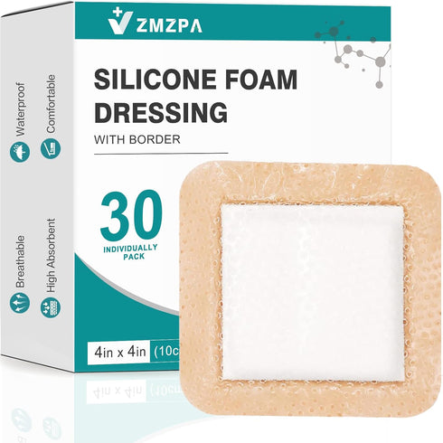 ZMZPA 30 Pcs Silicone Foam Dressing 4x4 Gentle Border, Waterproof Silicone Bandages for