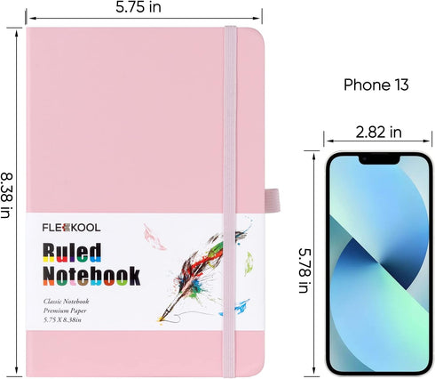 Lined Journal Notebook, Hardcover, 216 Pages, A5 College Ruled, 100gsm Thick Paper, Pen Loop, Inner Pocket, Pink
