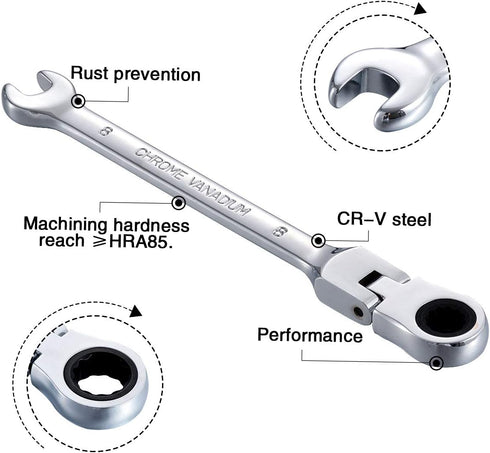 KATUR 8mm Ratcheting Wrench Set - Flexible Pivoting Head Ratchet Combination Spanner Tool