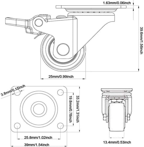 GBL 1" Small Caster Wheels with 2 Brakes + Screws - Set of 4 Low Profile Silent Casters for Cart and Furniture