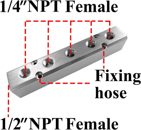 Beduan 5 Way 7 Port 1/2"NPT Input Port, 1/4"NPT Output Port Aluminum Air Hose Inline Manifold Block