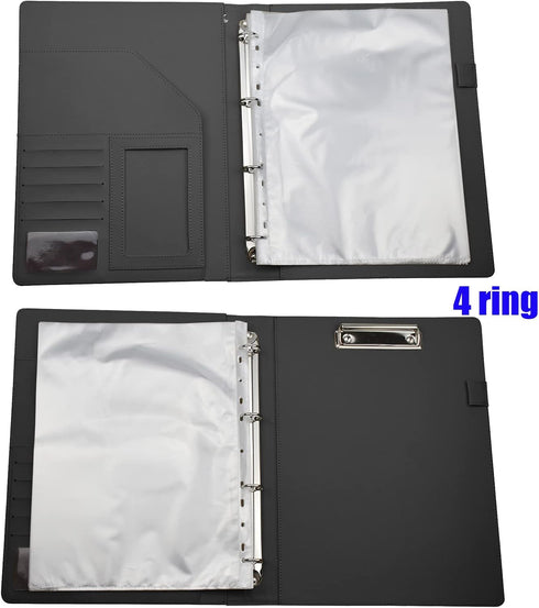 Enyuwlcm PU Leather Padfolio Ring Binder - Clipboard Resume Leather Portfolio with 20 Clear Plastic Sleeves, Black
