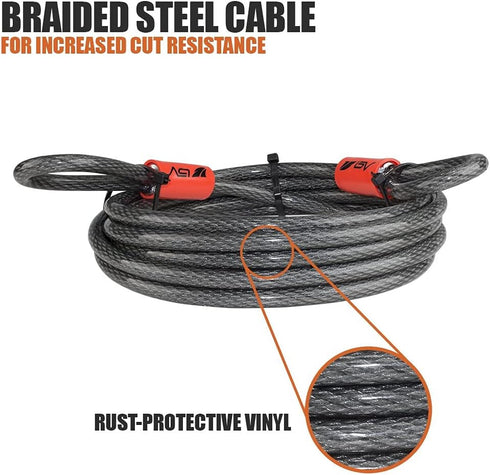 7FT 10mm (3/8") BV Heavy-Duty Security Cable Lock with Loops Extra Thick Braided Steel, Cut-Resistant & Weatherproof