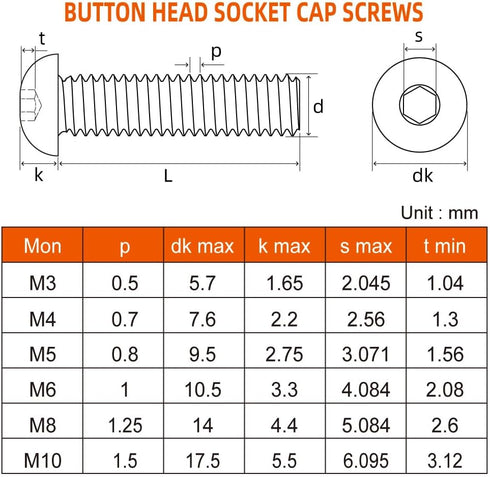 M8-1.25 x 35mm Button Head Socket Cap Screws, 10 PCS, Stainless Steel 18-8, Fully Threaded, Allen Socket Drive