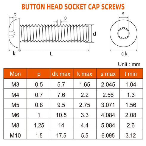 M5-0.8 x 25mm Button Head Socket Cap Screws - Stainless Steel 18-8 (304), Bright Finish, 50 PCS