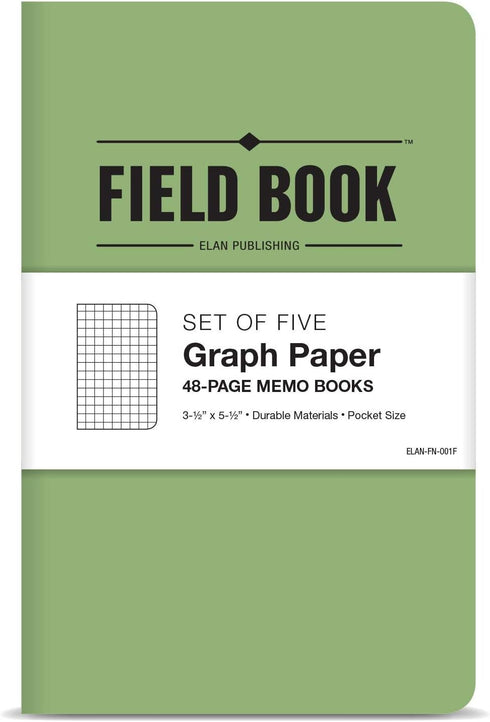 Elan Publishing Company Field Notebook/Pocket Journal, 3.5"x5.5", Green Graph Memo Book, Pack of 5