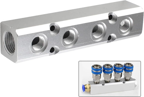 4 Way Pneumatic Manifold Air Distribution Block, Silver Compressed Air Coupler Fast Connector for Compressor