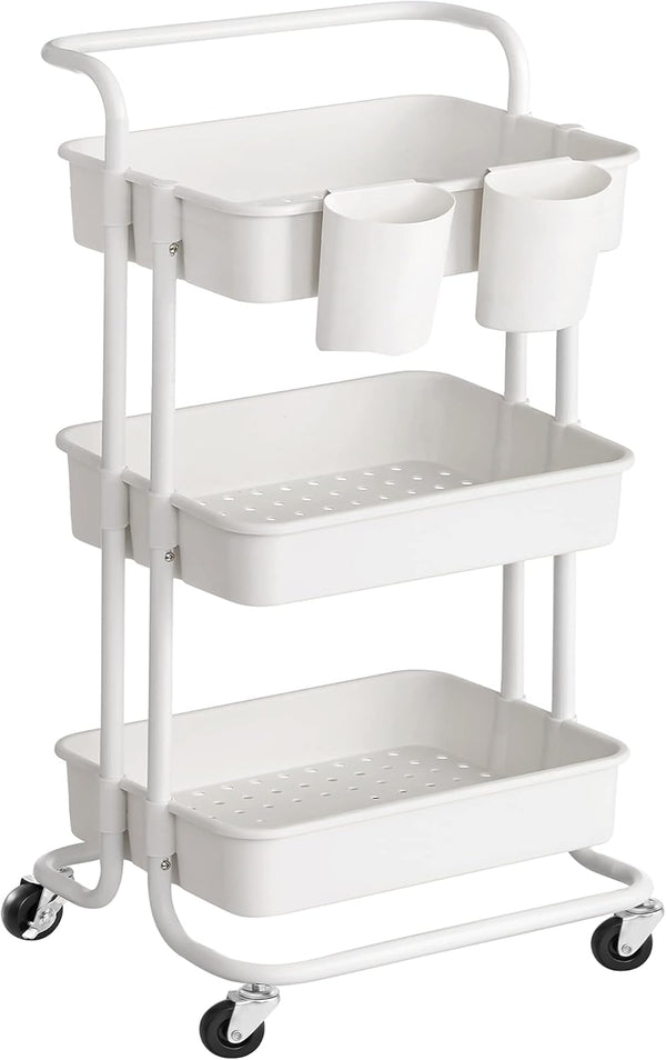 SONGMICS Rolling Cart, 3-Tier Storage Trolley with Handle, Utility Cart for Bathroom Laundry Room, White UBSC067W01