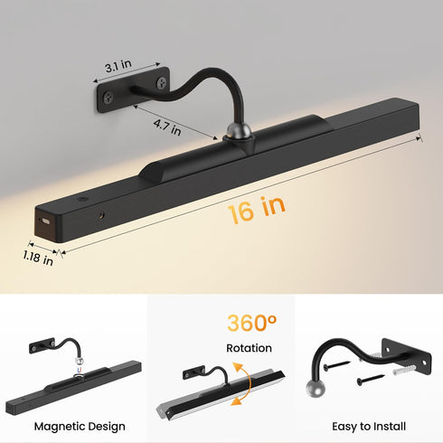 Dimmable 16n, 5000mAh 95+ 350LM Cordless Picture Light for Wall Rechargeable Battery Wall Sconce Art Light, CRI Wall