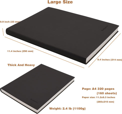 Large Blank Notebook Journal for Writing Drawing, Soft Faux Leather Cover, 100GSM Papers, 320 Pages, A4 8.4x11.4 inches Sketch Book (Black, Plain)