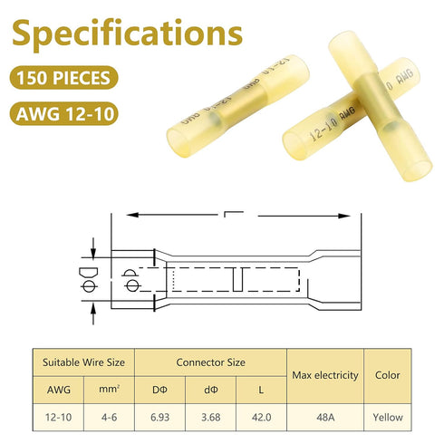 150 Pcs Waterproof Insulated Heat Shrink Butt Connectors, AWG12-10 for Automotive Marine