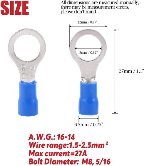 Hilitchi 100Pcs 16-14AWG Insulated Terminals Ring Electrical Wire Crimp Connectors (Blue, M8)
