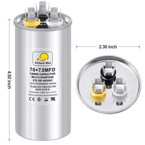 Capacitor for Air Conditioner 70+7.5 uf MFD 370 or 440 Volt VAC, Multi-Purpose Round Capacitor for AC Motor Run or Fan Motor Start or Condenser Straight