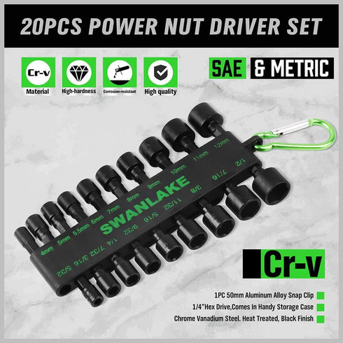 SWANLAKE 20PCS Power Nut Driver Set for Impact Drill, 1/4 Hex Head Drill Bit Set SAE and Metric
