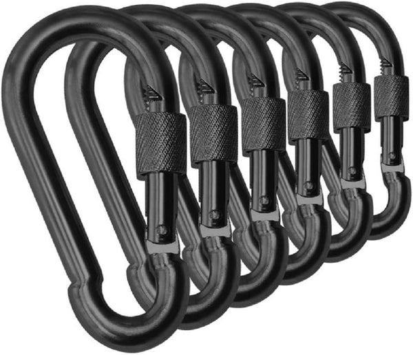 Black & Silver Heavy Duty Bushcraft Locking Thumb Screw Closure - Zinc-Galvanized Steel Carabiner Spring Snap